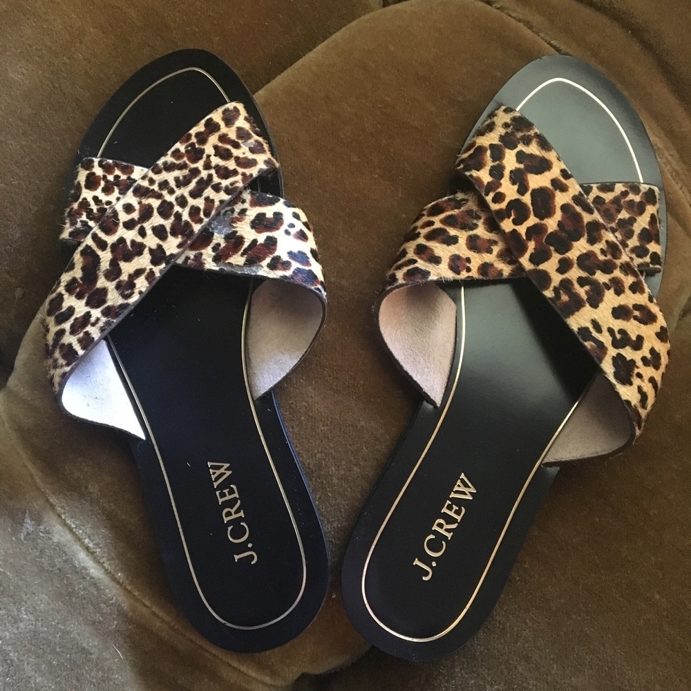 J Crew calf hair leopard slides